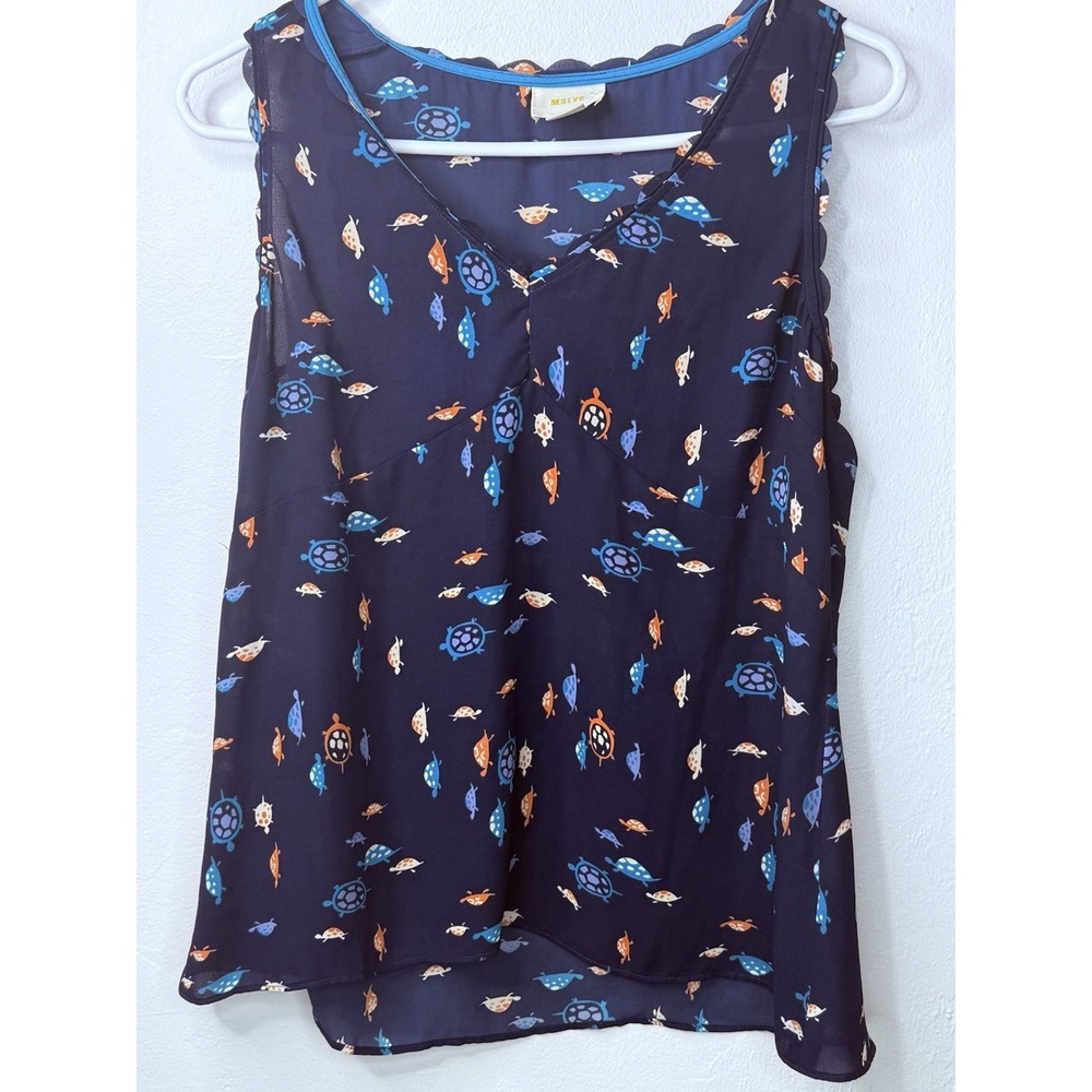 ANTHROPOLOGIE MAEVE Blue Turtle Size 6 Scalloped Trim Sleeveless Blouse -2805 - Picture 2 of 8